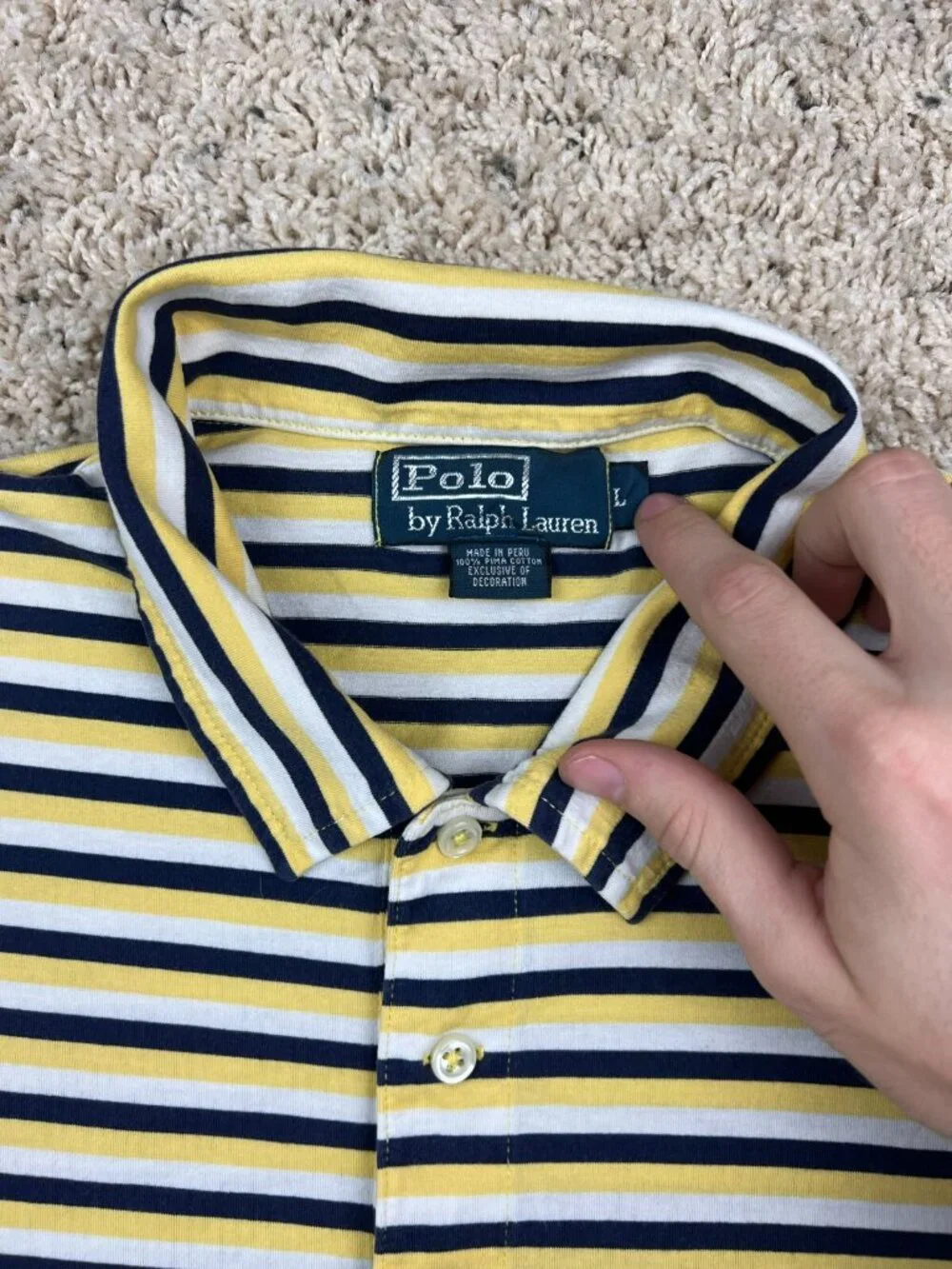 Polo Ralph Lauren Polo Shirt Large Yellow White Navy Blue Striped Yellow Pony